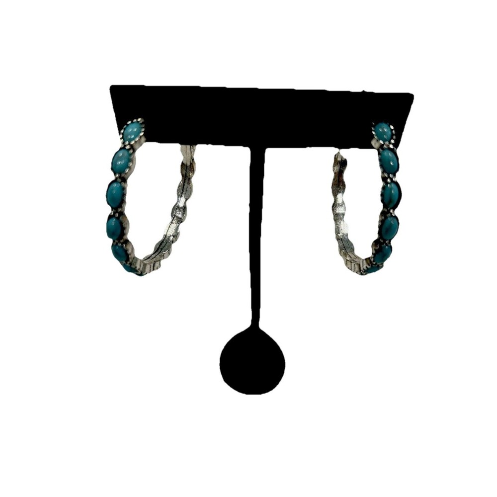 Turquoise Color Beaded Silver Tone 1.5 Inch Hoops